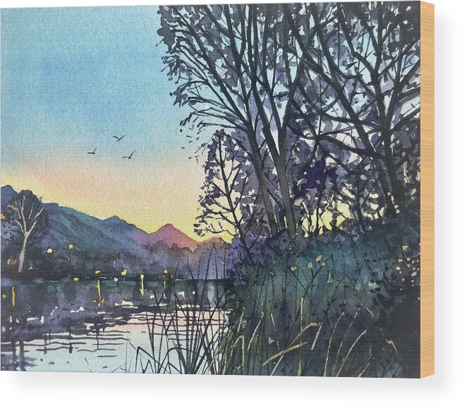 Malibou Lake Wood Print featuring the painting April Dusk Malibou Lake by Luisa Millicent