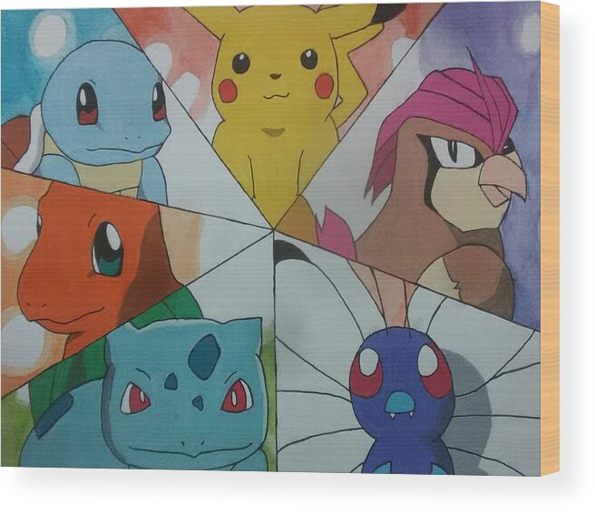 Pokemon Wood Print featuring the painting Ash Ketchum's original 6 Pokemon by David Stephenson