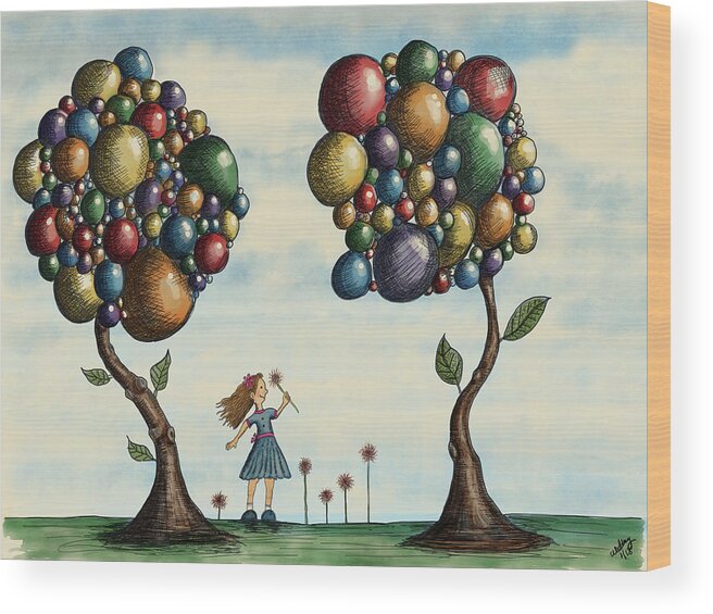 Illustration Wood Print featuring the drawing Basie and the Gumball Trees by Christina Wedberg