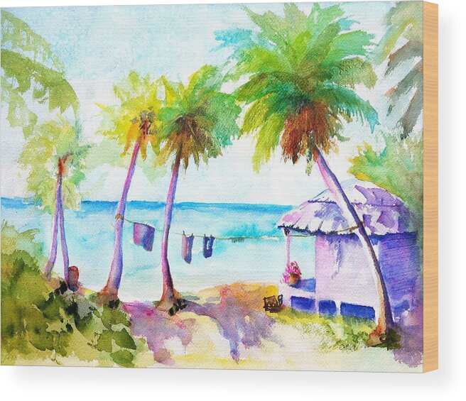 Troical Wood Print featuring the painting Beach House Tropical Paradise by Carlin Blahnik CarlinArtWatercolor