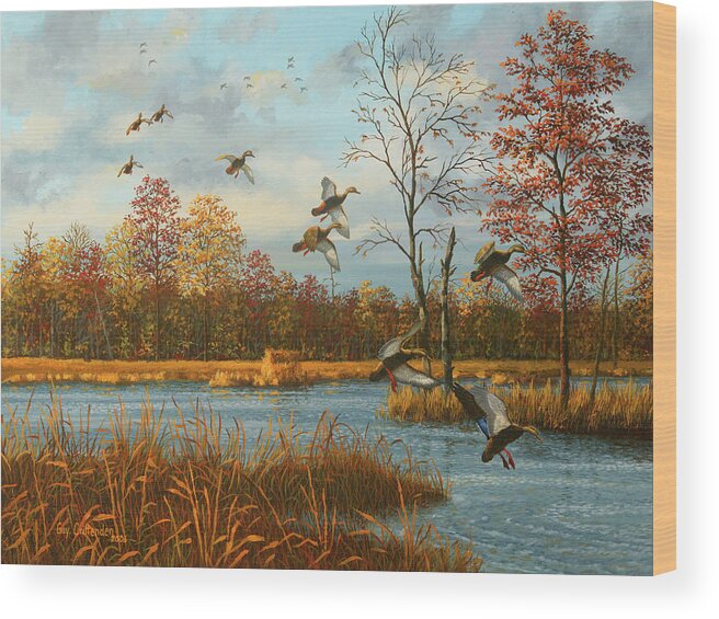 Guy Crittenden Waterfowl Wood Print featuring the painting Black Ducks and Empty Blind by Guy Crittenden