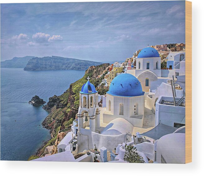 Oia Wood Print featuring the photograph Blue Roofs of Oia Santorini by Yvonne Jasinski