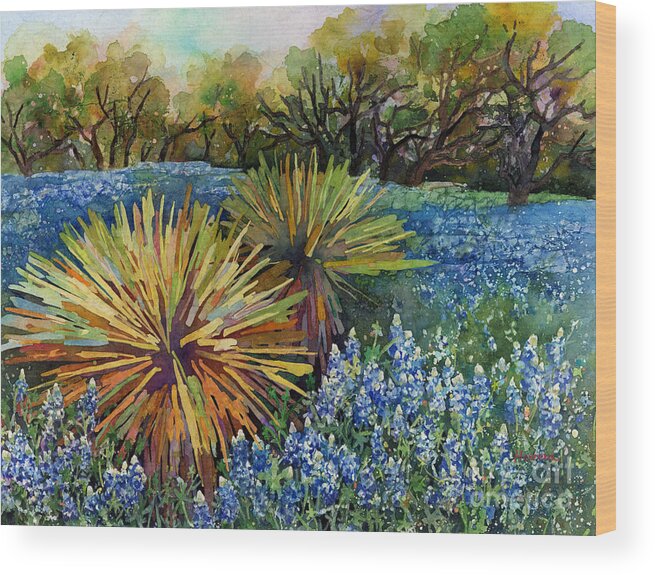 Cactus Wood Print featuring the painting Bluebonnets and Yucca by Hailey E Herrera
