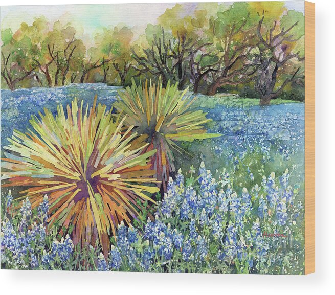 Cactus Wood Print featuring the painting Bluebonnets and Yucca-Pastel Colors by Hailey E Herrera