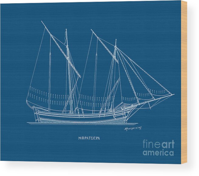 Nautical Decor Wood Print featuring the drawing Bratsera - traditional Greek sailing boat - Blueprint by Panagiotis Mastrantonis