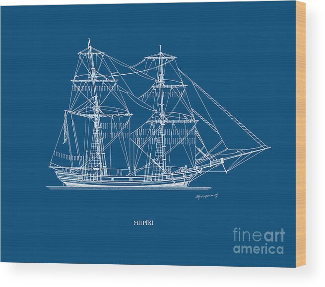 Sailing Vessels Wood Print featuring the drawing Brig - traditional Greek sailing ship - blueprint by Panagiotis Mastrantonis