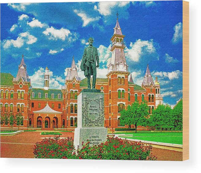 Burleson Quadrangle Wood Print featuring the digital art Burleson Quadrangle of the Baylor University in Waco, Texas - pencil sketch by Nicko Prints