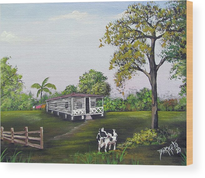Cow Wood Print featuring the painting By The House by Gloria E Barreto-Rodriguez