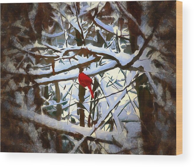 Cardinal Wood Print featuring the mixed media Cardinal in the Snowy Trees by Christopher Reed