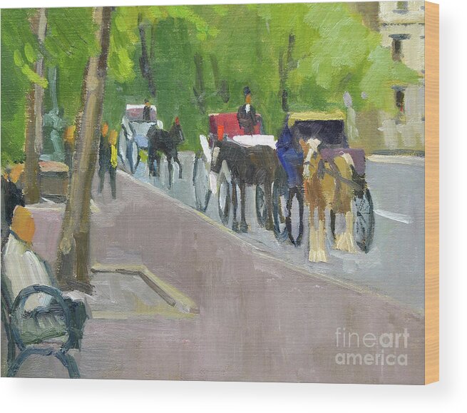 Horse Wood Print featuring the painting Carriages, Central Park, New York City by Paul Strahm