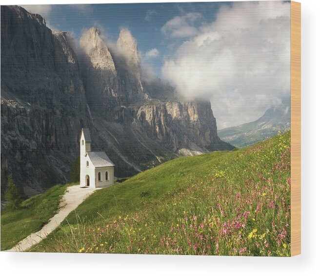 Alpine Wood Print featuring the photograph Chapel of St Maurice, Passo Gardena, Dolomites, Italy by Sarah Howard