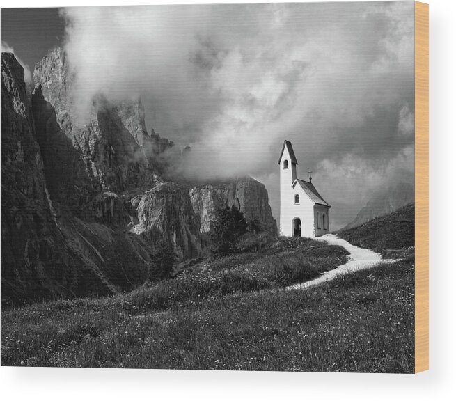 Chapel Wood Print featuring the photograph Chapel on the Passo Gardena, Dolomitres, Italy by Sarah Howard