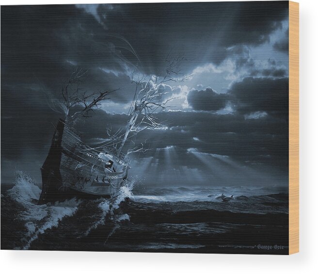 Ghost Ships Phantom Boat Supernatural Isolation Wood Print featuring the digital art Chasing the light Ghost ship series by George Grie