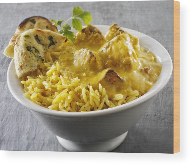 Expertise Wood Print featuring the photograph Chicken Passanda curry, pilau rice and naan bread by Paul Williams - Funkystock