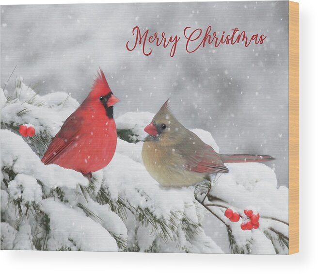 Cardinal Wood Print featuring the mixed media Christmas Cardinals by Lori Deiter