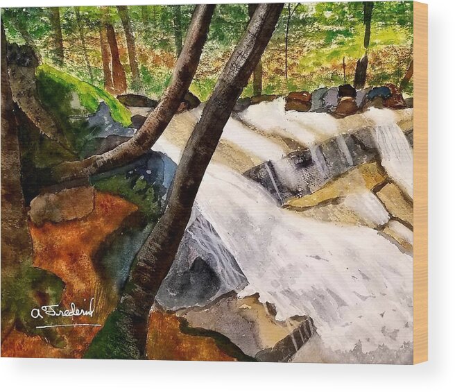 Waterfall Wood Print featuring the painting Cindys' Waterfall by Ann Frederick