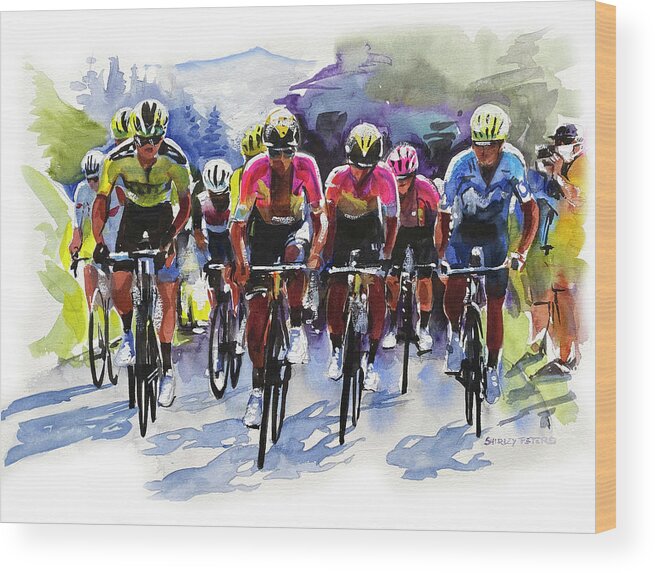 Letour Wood Print featuring the painting Climbing Forever The Yellow Jersey Group by Shirley Peters