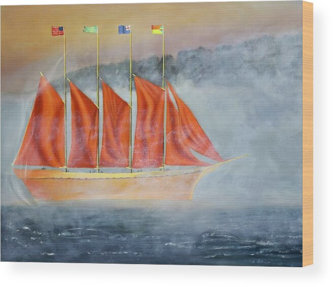 Clipper Ship Sailboat Large Orange Sail Ship Fog Clipper Ship Wood Print featuring the painting Clipper Ship in the Mist by Dorsey Northrup