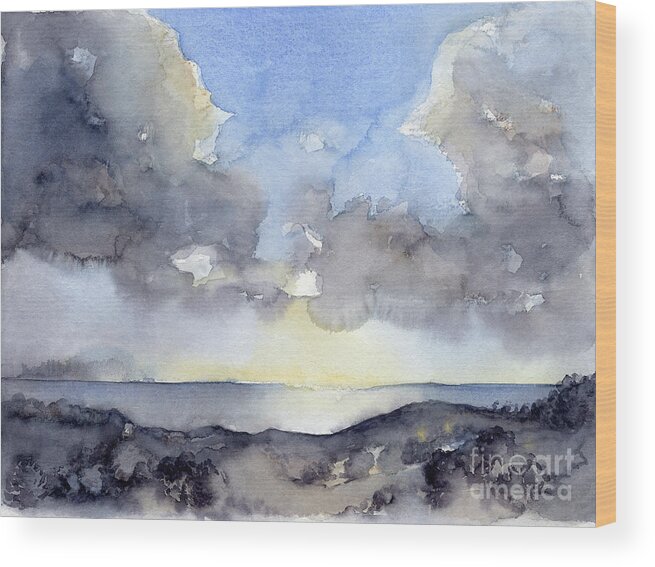 Watercolor Wood Print featuring the painting Clouds over the sea by Adriana Mueller