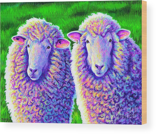 Sheep Wood Print featuring the painting Colorful Sheep Portrait - Charlie and Curtis by Rebecca Wang