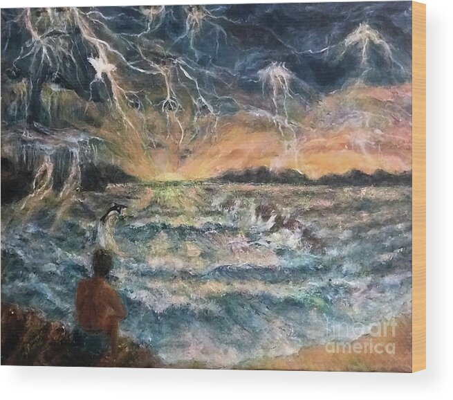 Lighting Storm Wood Print featuring the painting Contemplation of the Storm by Bonnie Marie