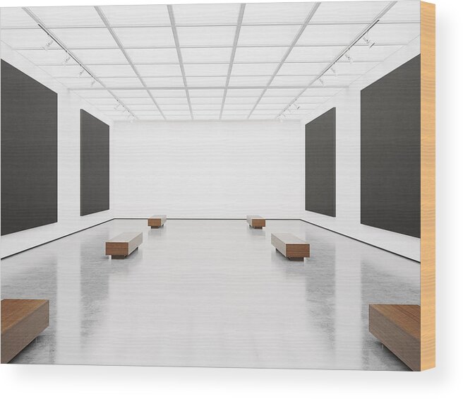 Black Color Wood Print featuring the photograph Contemporary gallery interior with black canvas on wall by Sfio Cracho