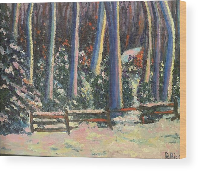 Snow Trees Winter Wood Print featuring the painting Cottage in the Woods by Beth Riso