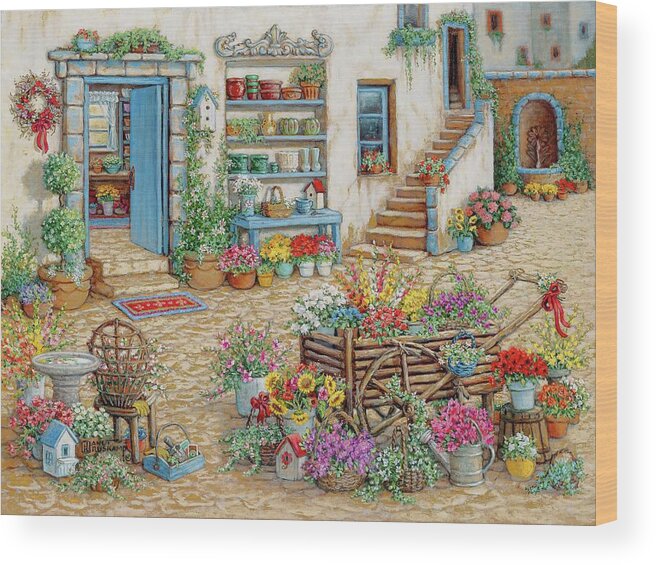 Traditional Decorative Art Wood Print featuring the painting Courtyard Flower Shoppe by Janet Kruskamp