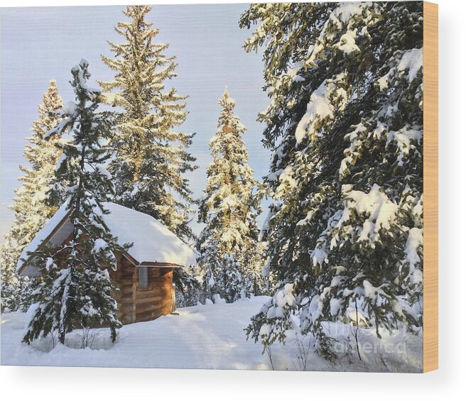 Cozy Cabin In Iconic Canadian Winter Scene. Wood Print featuring the photograph Cozy Cabin by Nicola Finch