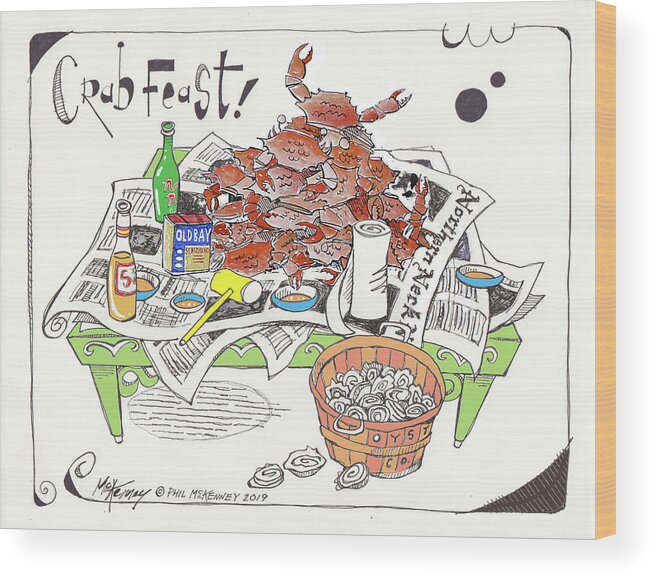  Wood Print featuring the drawing Crab Feast by Phil Mckenney