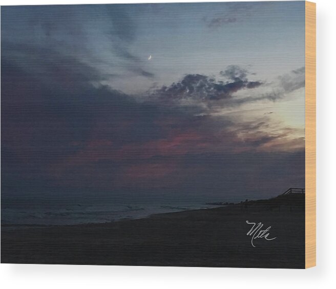 Crescent Moon At Beach Wood Print featuring the photograph Crescent Moon at Beach by Meta Gatschenberger
