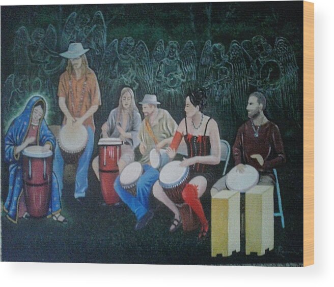 Drums Wood Print featuring the painting Crestone Drumming Circle by James RODERICK