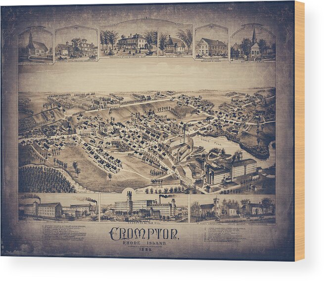 Crompton Wood Print featuring the photograph Crompton Rhode Island Vintage Map Birds Eye View 1889 Sepia by Carol Japp