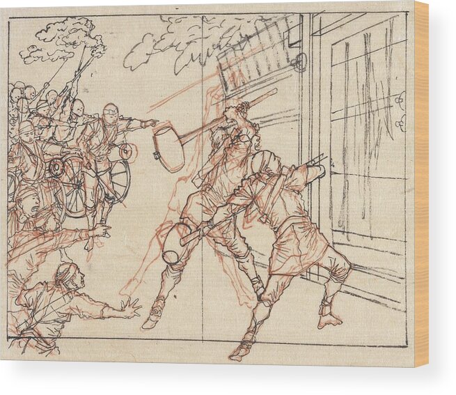  Background Wood Print featuring the painting Drawing of soldiers battering a gate Yoshitoshiabout by MotionAge Designs