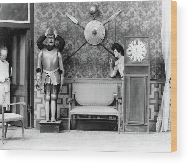 Silent Comedy Wood Print featuring the photograph Early Biograph Bedroom Farce from the 1900s by Sad Hill - Bizarre Los Angeles Archive