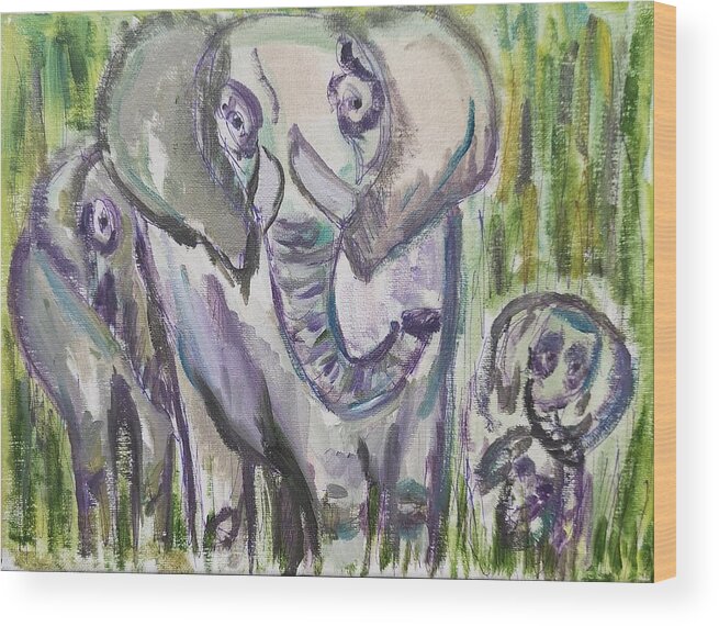 Elephants Wood Print featuring the painting Elephant family in abstract by Lisa Koyle