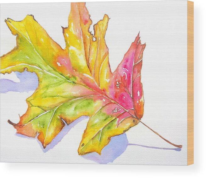 Leaf Wood Print featuring the painting Fall Color Leaf with Shadow	 by Carlin Blahnik CarlinArtWatercolor