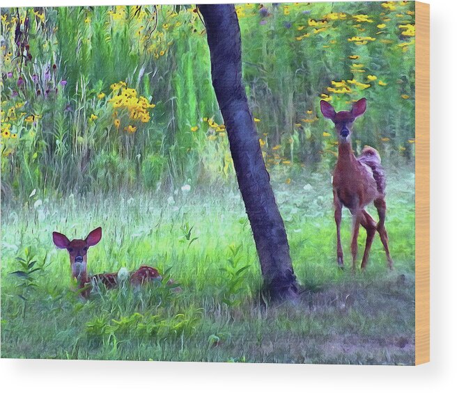 Whitetail Wood Print featuring the mixed media Fawns Waking Up by Christopher Reed