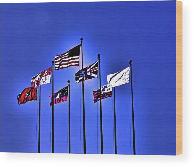 America Wood Print featuring the digital art Flags Against A Dark Blue Sky by David Desautel
