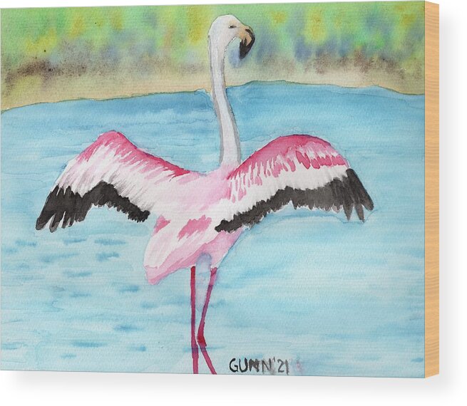 Flamingo Wood Print featuring the painting Flapping Flamingo by Katrina Gunn