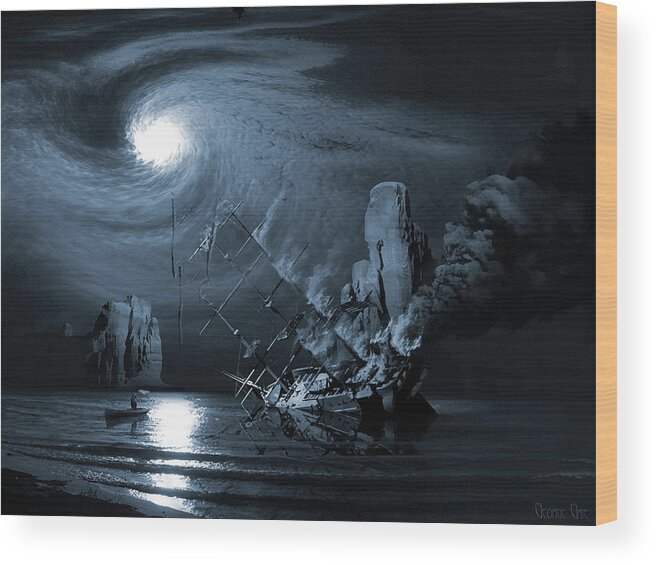 Legend Myth Saga Legend Boats Stories Fact Or Fiction Tall Tale Moonlight Vessel Yacht Phantom Flames Ocean Dark Examples Of Legends Examples Of Myths Wood Print featuring the digital art Ghost ship series The birth of the legend by George Grie
