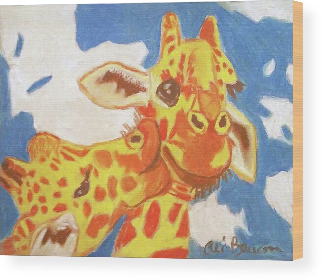 Giraffe Wood Print featuring the pastel Two Giraffes, One Giraffe is Kissing Another on its Cheek by Ali Baucom