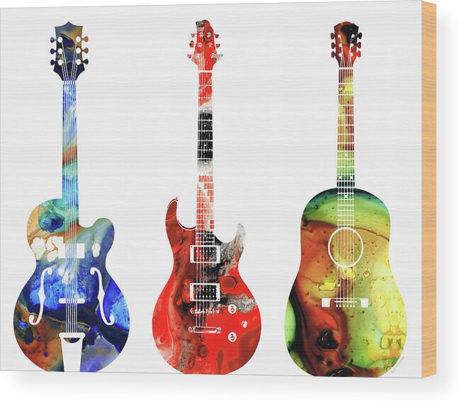 Guitar Wood Print featuring the painting Guitar Threesome - Colorful Guitars By Sharon Cummings by Sharon Cummings