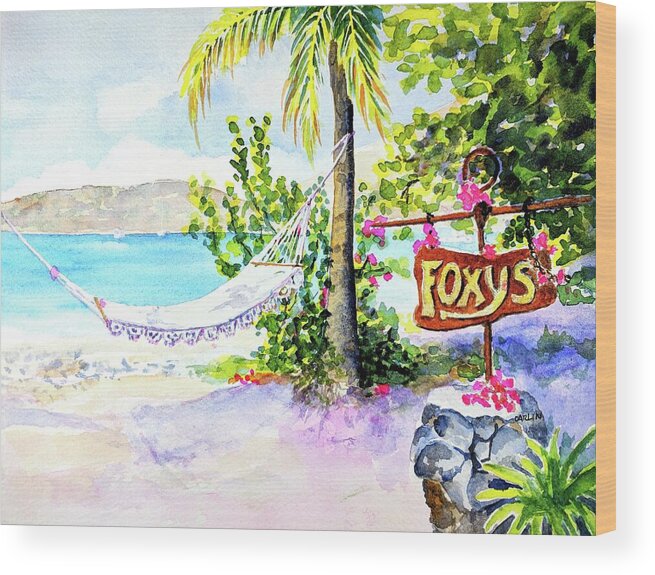 Beach Wood Print featuring the painting Hammock on Beach at Foxy's by Carlin Blahnik CarlinArtWatercolor