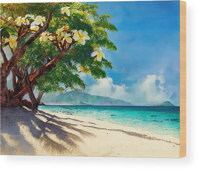 Hawaiian Islands Wood Print featuring the digital art Hawaiian Orchid Tree Beach by J Marielle
