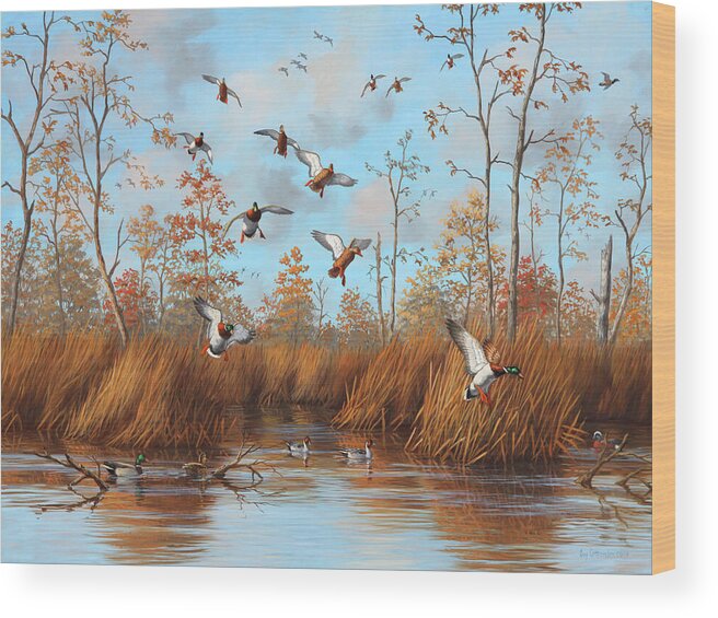 Mallard Paintings Wood Print featuring the painting Hidden Honey Hole by Guy Crittenden