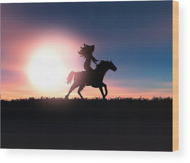 Horse Wood Print featuring the painting Horse Rider Sunset The West by Tony Rubino