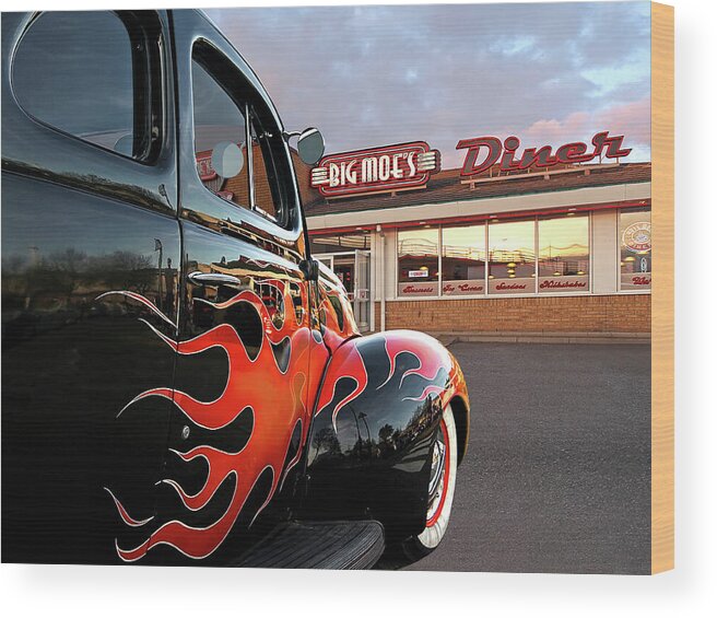 Ford Coupe Wood Print featuring the photograph Hot Rod At The Diner At Sunset by Gill Billington