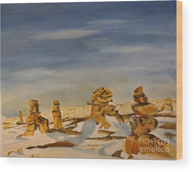 Inuksuk Wood Print featuring the painting Inuksuit Inukshuk by Lise PICHE