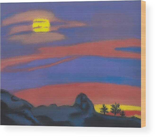 Sun Wood Print featuring the pastel Iridescent Beauty Abstract Pastel Drawing of Mountains beneath a Sunset by Ali Baucom